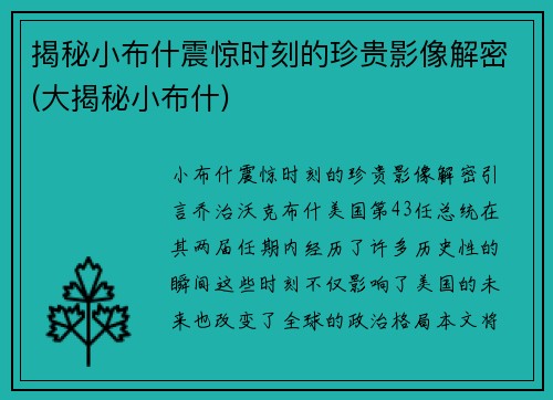 揭秘小布什震惊时刻的珍贵影像解密(大揭秘小布什)