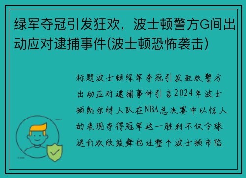 绿军夺冠引发狂欢，波士顿警方G间出动应对逮捕事件(波士顿恐怖袭击)