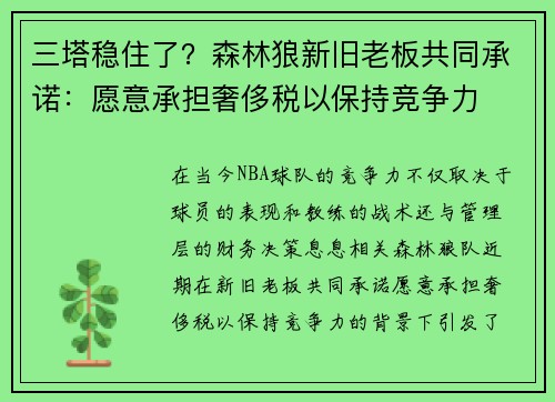 三塔稳住了？森林狼新旧老板共同承诺：愿意承担奢侈税以保持竞争力