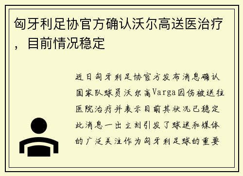 匈牙利足协官方确认沃尔高送医治疗，目前情况稳定