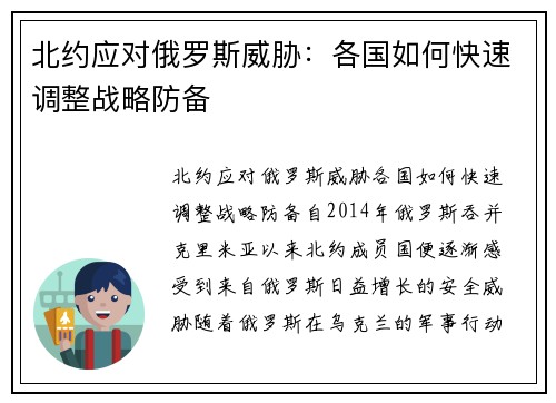 北约应对俄罗斯威胁：各国如何快速调整战略防备