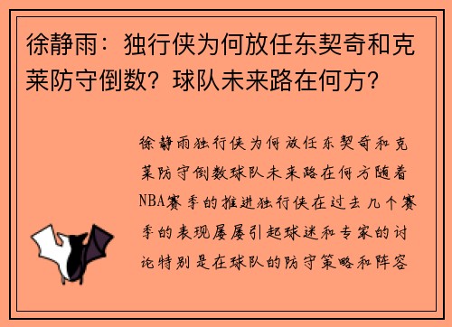 徐静雨：独行侠为何放任东契奇和克莱防守倒数？球队未来路在何方？